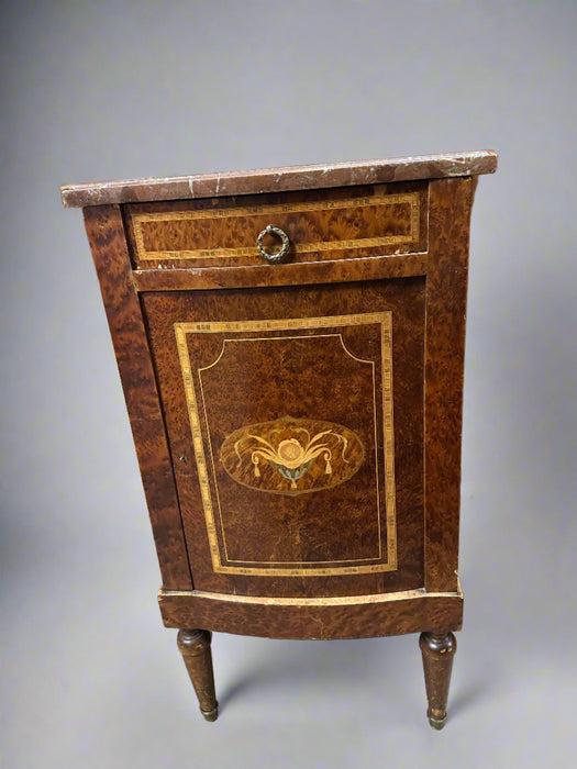 MARBLE TOP INLAID BURLED WALNUT STAND WITH DRAWER