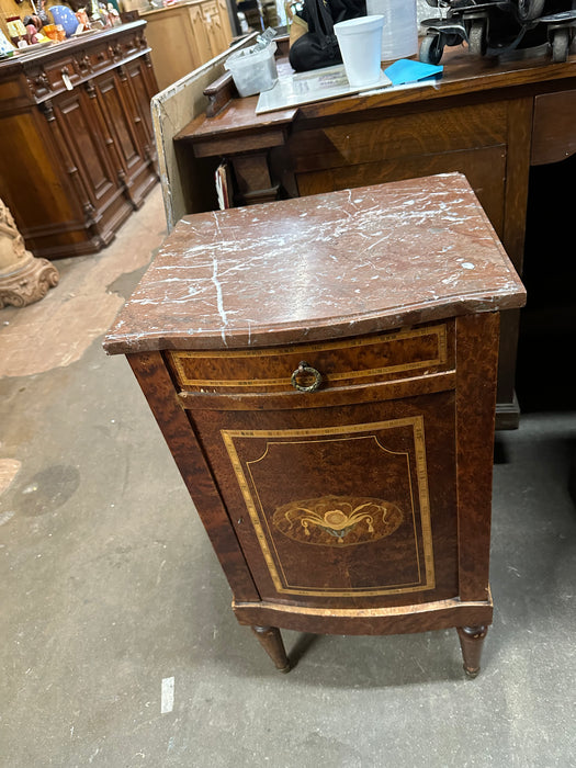 MARBLE TOP INLAID BURLED WALNUT STAND WITH DRAWER