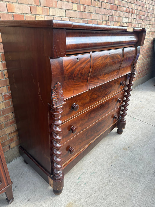 ENGLISH BURLED MAHOGANY CHEST WITH BARLEY TWIST COLUMNS