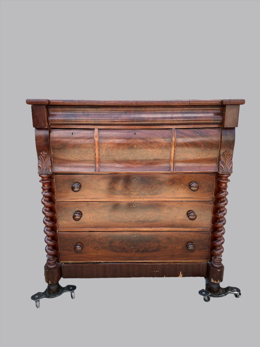 ENGLISH BURLED MAHOGANY CHEST WITH BARLEY TWIST COLUMNS