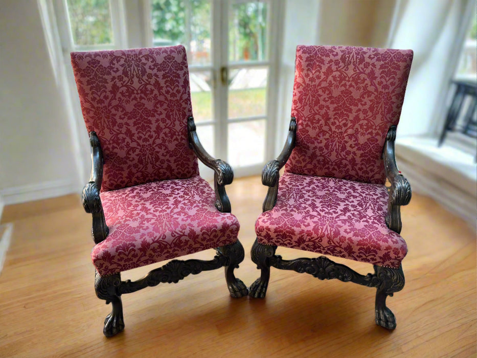 PAIR OF CARVED ARM CHAIRS WITH CLAW FEET