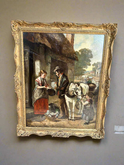 LARGE VERTICAL OIL PAINTING OF A YOUNG LADY WITH A TRAVELING MERCHANT