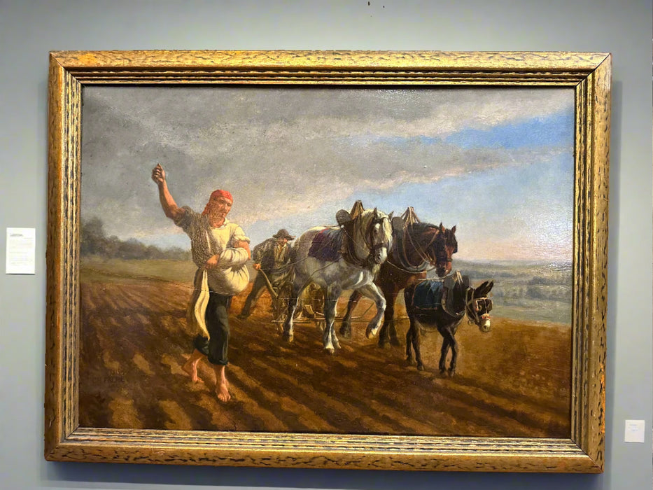 FRAMED LANDSCAPE OIL PAINTING OF MAN WORKING A FIELD BY CHARLED EDOURD FRERE