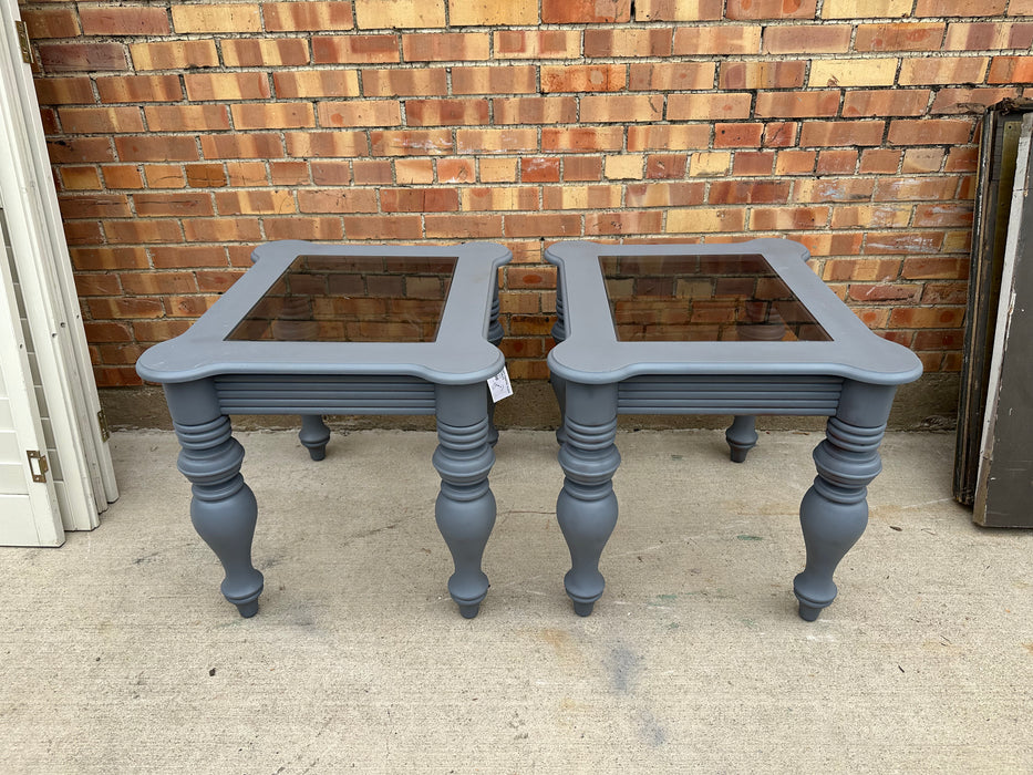 PAIR OF GREY PAINTED  GLASS TOP END TABLES