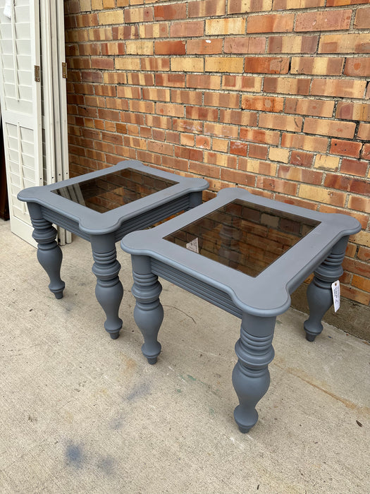 PAIR OF GREY PAINTED  GLASS TOP END TABLES