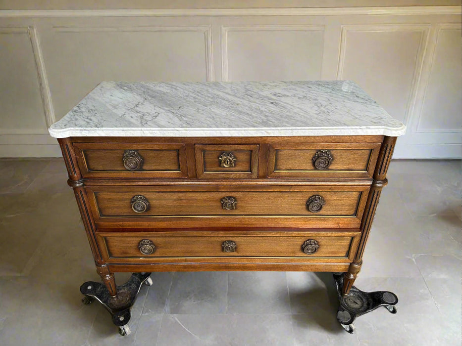 LOUIS XVI WHITE MARBLE TOP 3 DRAWER CHEST- SCRATCHES IN  TOP