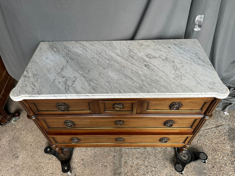 LOUIS XVI WHITE MARBLE TOP 3 DRAWER CHEST- SCRATCHES IN  TOP