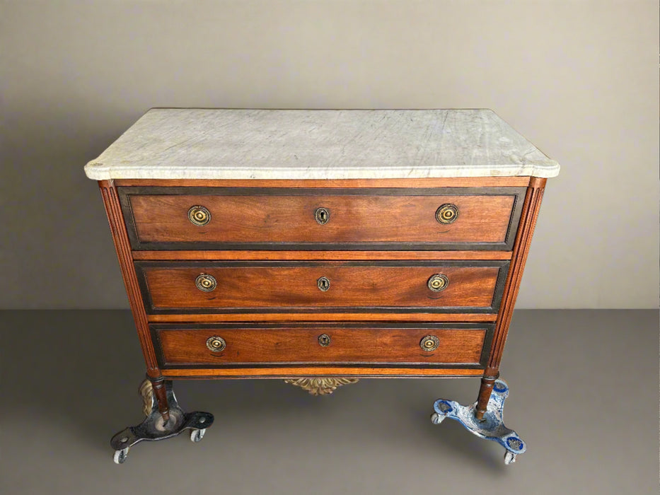 LOUIS XVI 3 DRAWER WHITE MARBLE TOP CHEST WITH CIRCLE PULLS