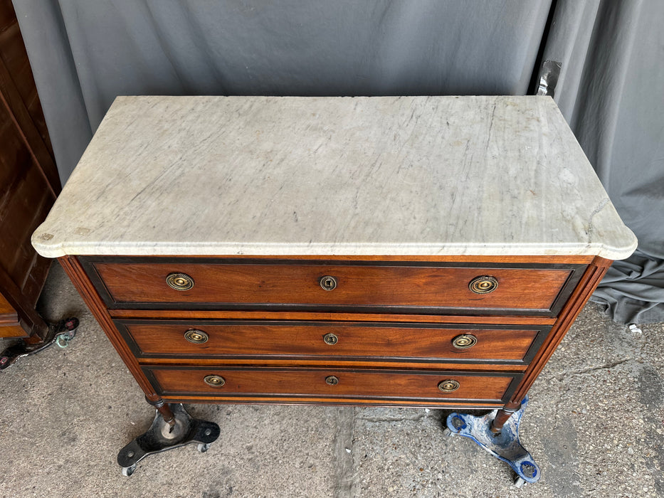 LOUIS XVI 3 DRAWER WHITE MARBLE TOP CHEST WITH CIRCLE PULLS