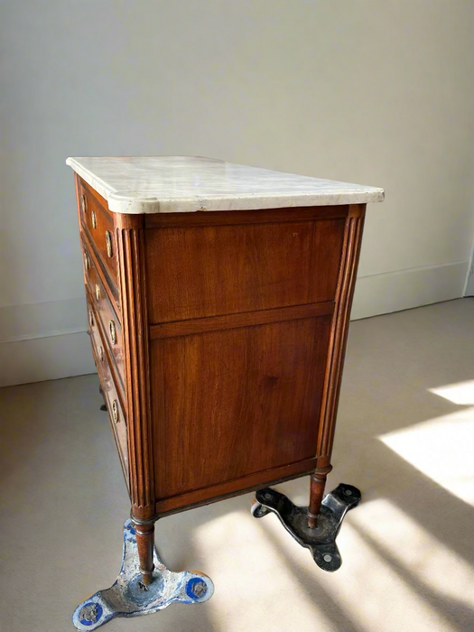 LOUIS XVI 3 DRAWER WHITE MARBLE TOP CHEST WITH CIRCLE PULLS