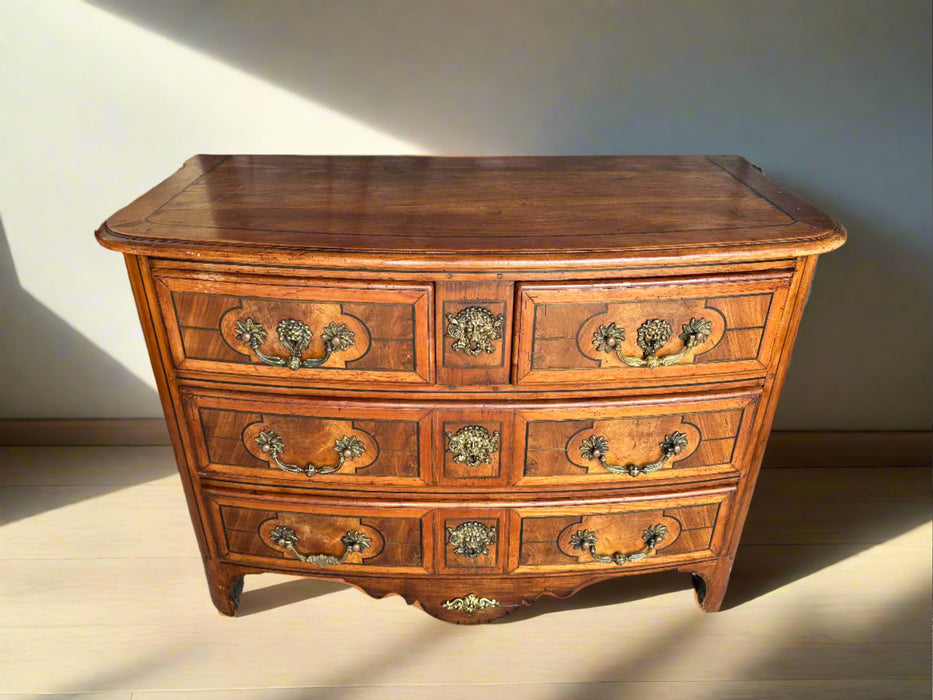 FRENCH WALNUT BOW FRONT 3 DRAWER CHEST WITH FACE PULLS