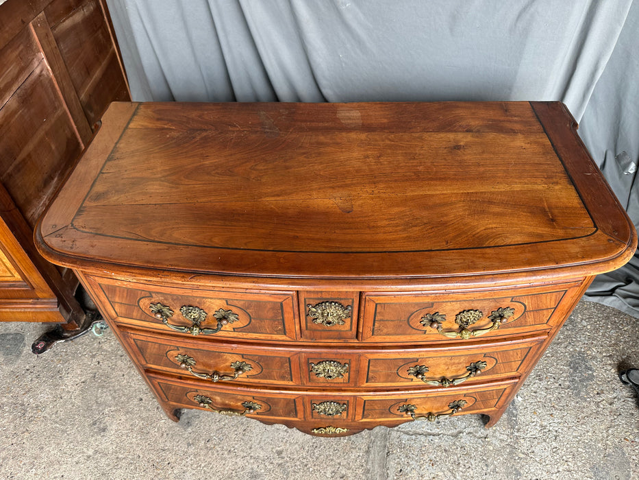 FRENCH WALNUT BOW FRONT 3 DRAWER CHEST WITH FACE PULLS