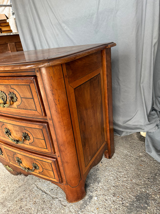 FRENCH WALNUT BOW FRONT 3 DRAWER CHEST WITH FACE PULLS