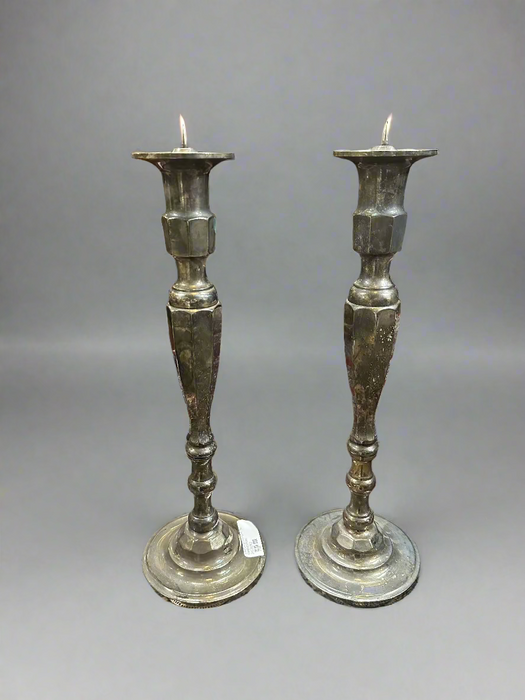 PAIR OF SILVER PLATE TALL CANDLESTICKS