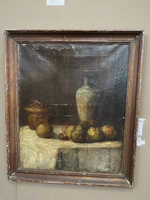 EARLY AS FOUND FRAMED STILL LOFE OIL PAINTING WITH FRUIT AND VASE