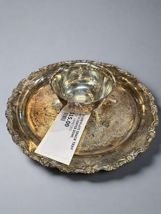 SILVER PLATE SNACK TRAY WITH CENTER BOWL