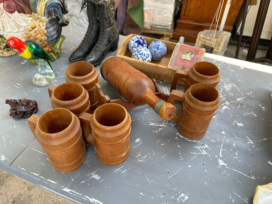 SET OF 6 WOODEN MUGS WITH DECANTER