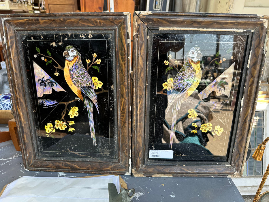 PAIR OF MIXED MEDIA BIRD PAINTINGS AS FOUND