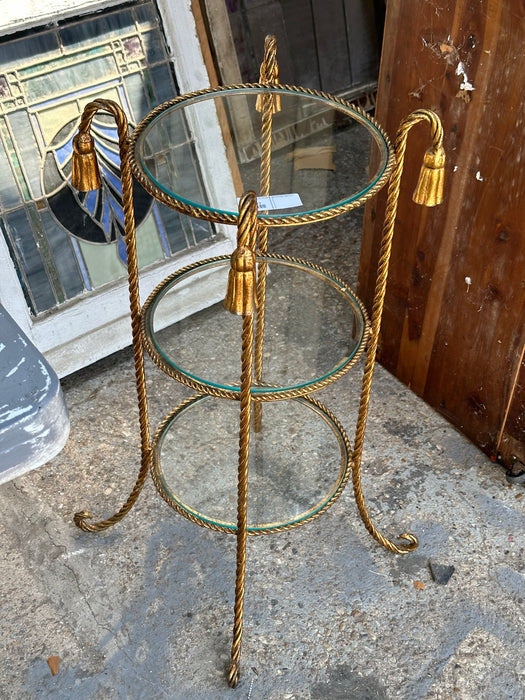 3 TIER GOLD ROPE STAND WITH TASSLES GLASS SHELVES