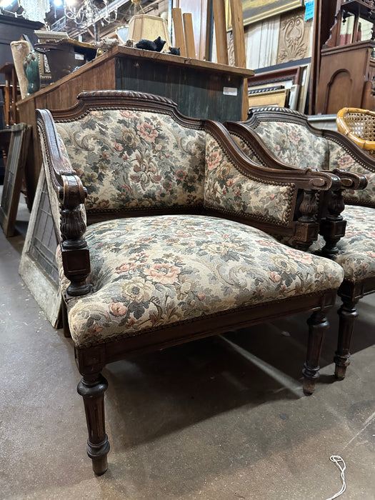 PAIR OF UPHOLSTERED LOW LOUIS XVI ARM CHAIRS