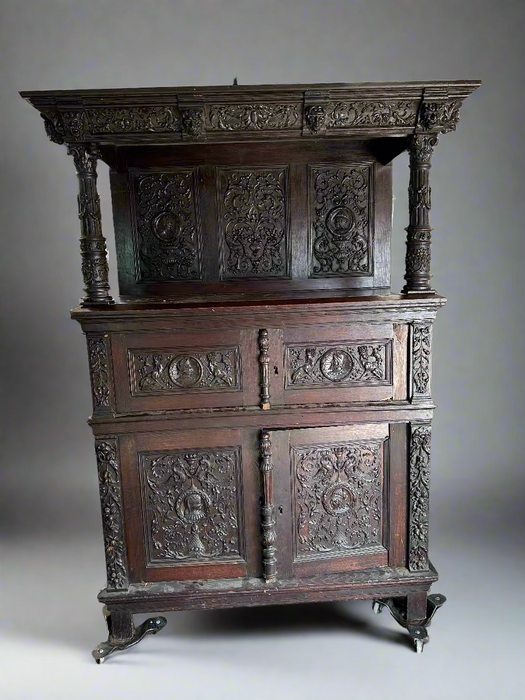 EARLY CARVED FRENCH CABINET WITH GRIFFINS AND PORTRAITS