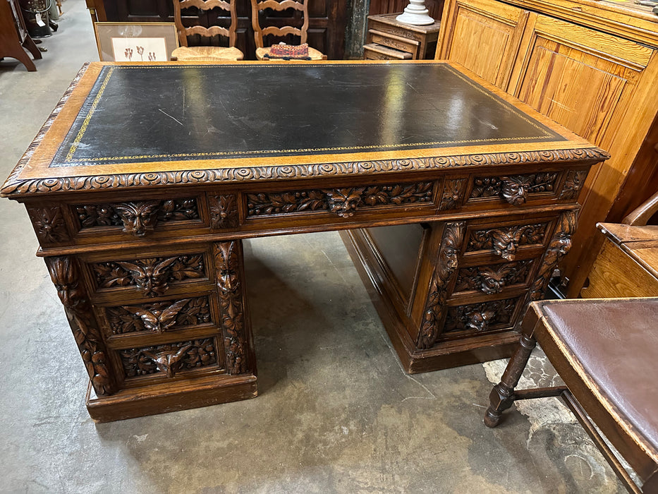 SMALL CARVED OAK PARTNERS DESK WITH BLACK LEATHER TOP