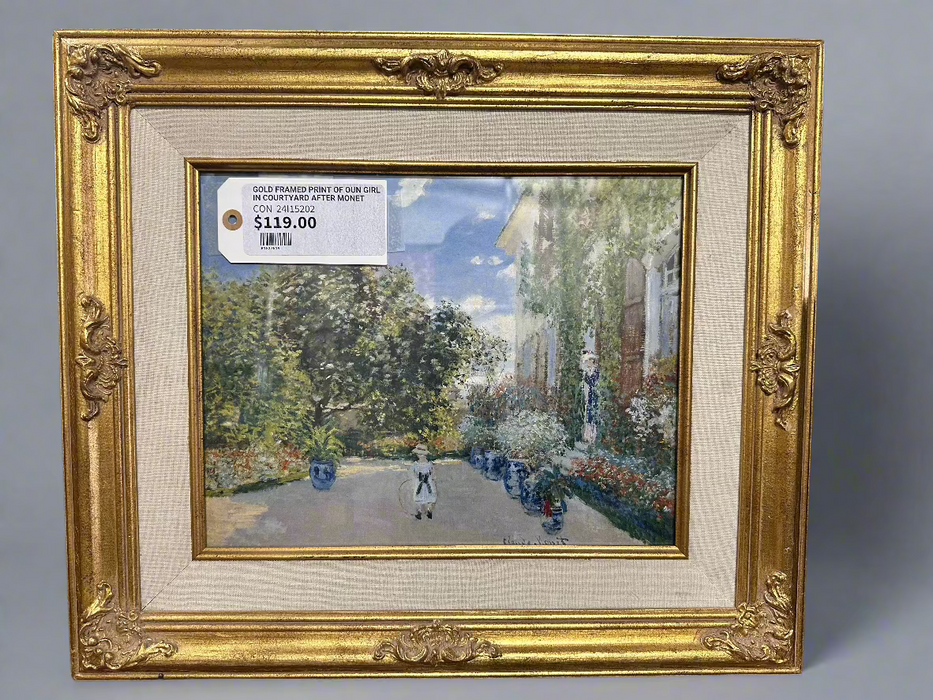 GOLD FRAMED PRINT OF YOUNG GIRL IN COURTYARD AFTER MONET