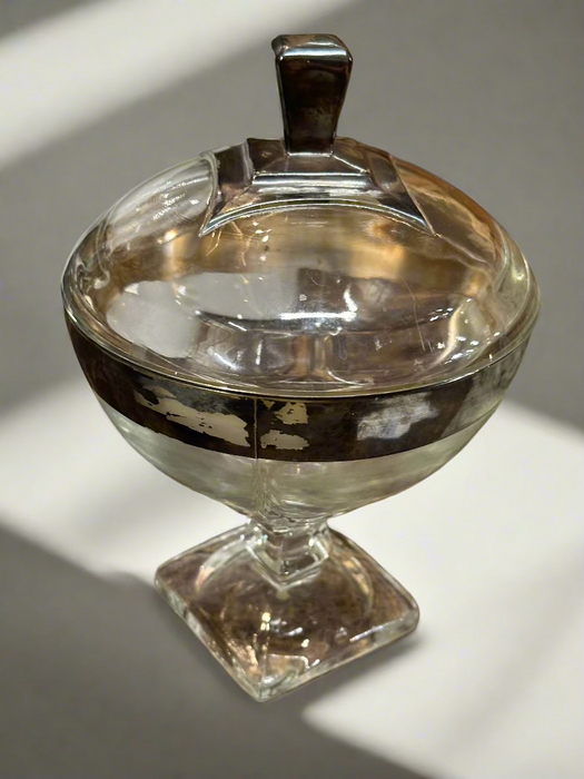 GLASS AND SILVER PLATE FOOTED COMPOTE WITH LID AS FOUND