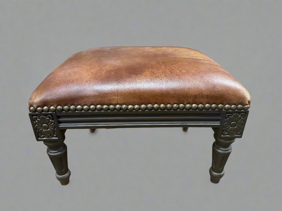 SMALL LOUIS XVI STYLE  CARVED WALNUT AND LEATHER STOOL