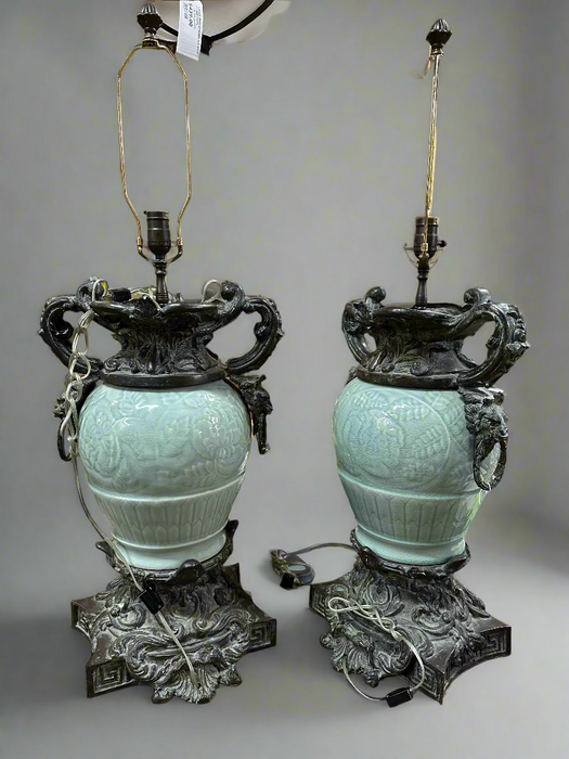 PAIR OF LARGE BRONZE AND CELEDON GLASS LAMPS