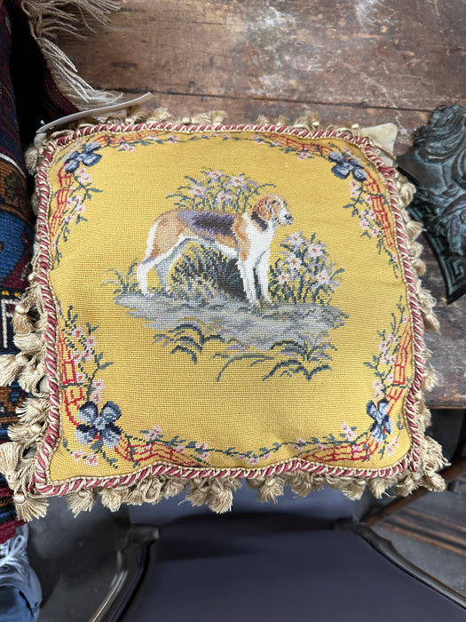 DOG NEEDLEPOINT PILLOW WITH TASSLES