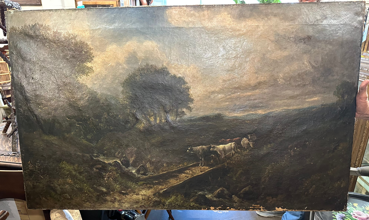 19TH CENRURY OIL PAINTING OF CATTLE CROSSING BRIDGE