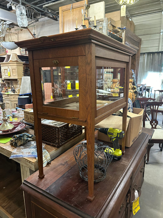 ENGLISH OAK TEA CABINET WITH CUT GLASS AND TRAY