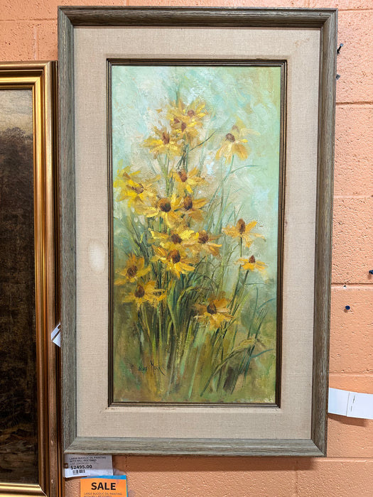 FRAMED VERTICAL OIL PAINTING OF YELLOW FLOWERS