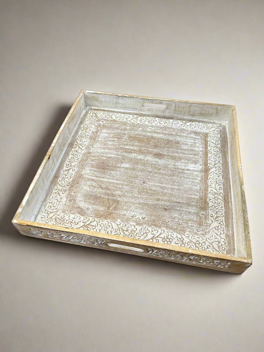INDIAN WOOD CARVED WHITE TRAY