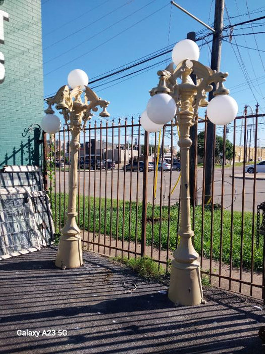 PAIR OF 9' TALL OUTDOOR CAST ALUMINUM POLE LAMPS