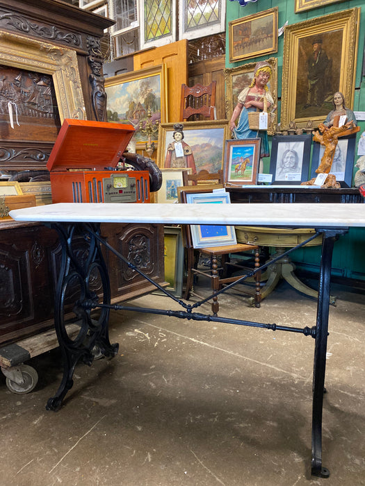 IRON INDUSTRIAL BASE WHITE MARBLE TOP CONSOLE