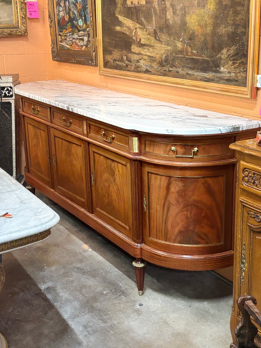 LARGE LOUIS XVI WHITE MARBLE TOP 5 DOOR MAHOGANY SIDEBOARD WITH CURVED ENDS