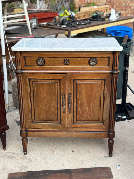 SMALL LOUIS XVI WHITE MARBLE TOP 2 DOOR MAHOGANY CONSOLE WITH DRAWER