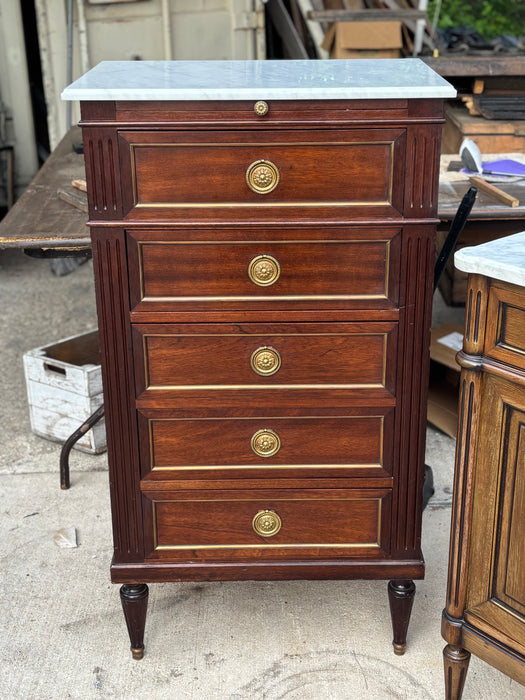 TALL LOUIS XVI SMALL WHITE MARBLE TOP 5 DRAWER MAHOGANY CHEST
