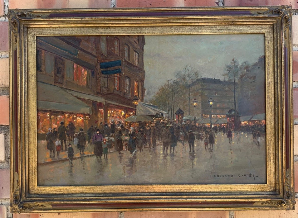 FRENCH STREET SCENE OIL PAINTING ON BOARD SIGNED EDOUARD CORTES