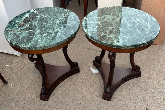PAIR OF GREEN MARBLE TOP SWAN TABLES