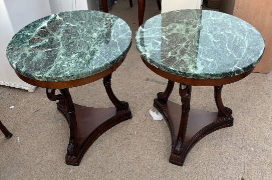 PAIR OF GREEN MARBLE TOP SWAN TABLES