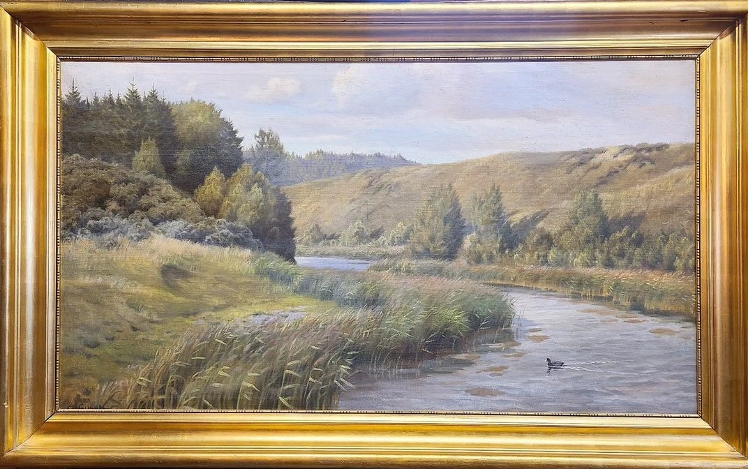 LARGE RIVER BED OIL PAINTING WITH DUCK-  ON CANVAS