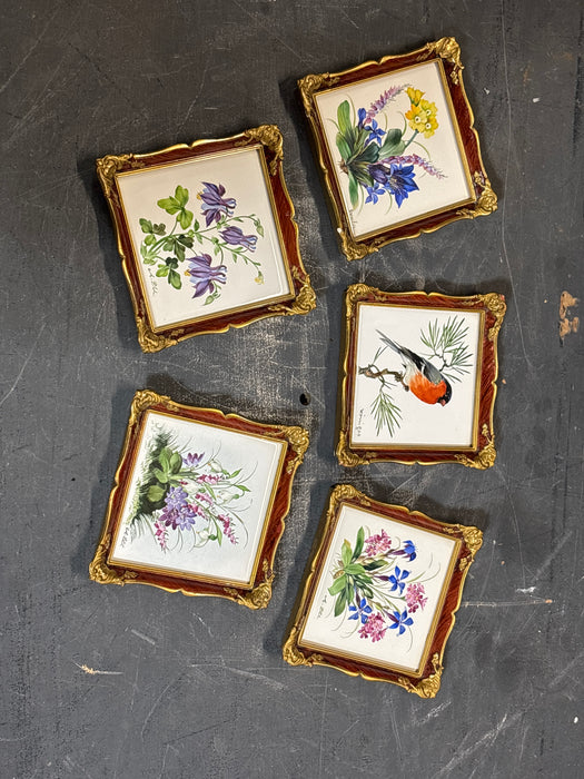 SET OF 4 ORNATE GILT FRAMED FLORAL PAINTED WALL HANGING TILES - SIGNED