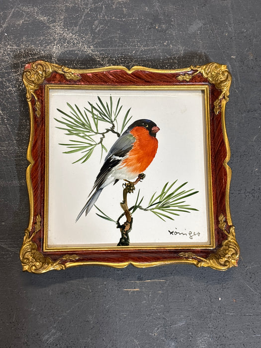 SMALL ORNATELY FRAMED HAND PAINTED ROBIN BIRD TILE - SIGNED