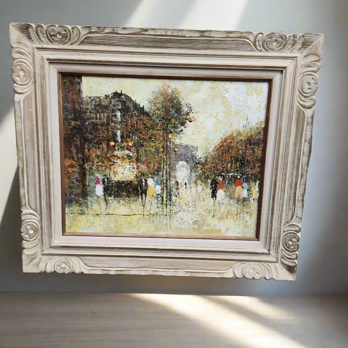 IMPRESSIONIST PARISIEN STREET SCENE OIL PAINTING ON CANVAS IN WOOD FRAME