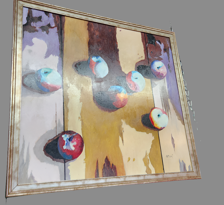 LARGE FRAMED SURREALIST OIL PAINTING OF APPLES