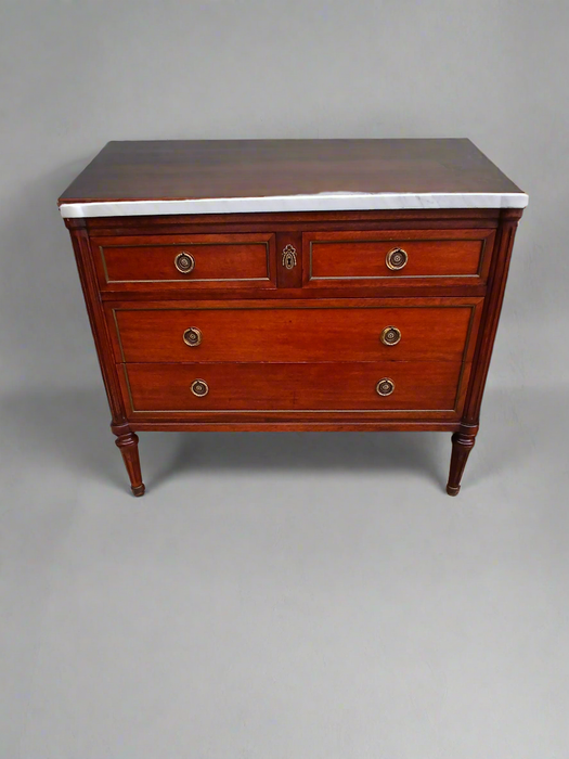 `LOUIS XVI MAHOGANY MARBLE TOP 4 DRAWER CHEST WITH RING PULLS