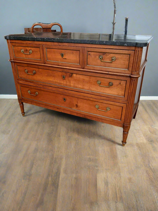 LOUIS XVI CHERRY MARBLE TOP 3 DRAWER CHEST WITH BALE PULLS